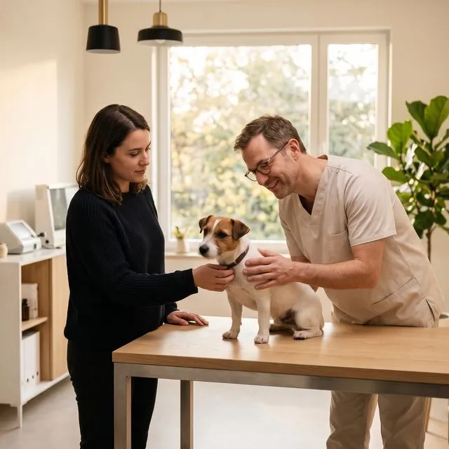 Un vétérinaire ausculte un petit chien sur la table, la propriétaire à côté