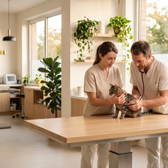Deux vétérinaires examinent un chat sur la table d’une clinique lumineuse